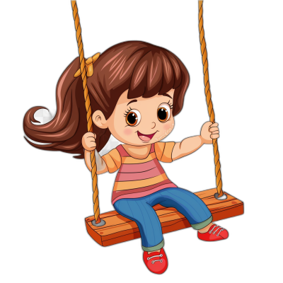 a cute cartoon girl sitting on the swing, smiling and having fun, vector illustration with black background