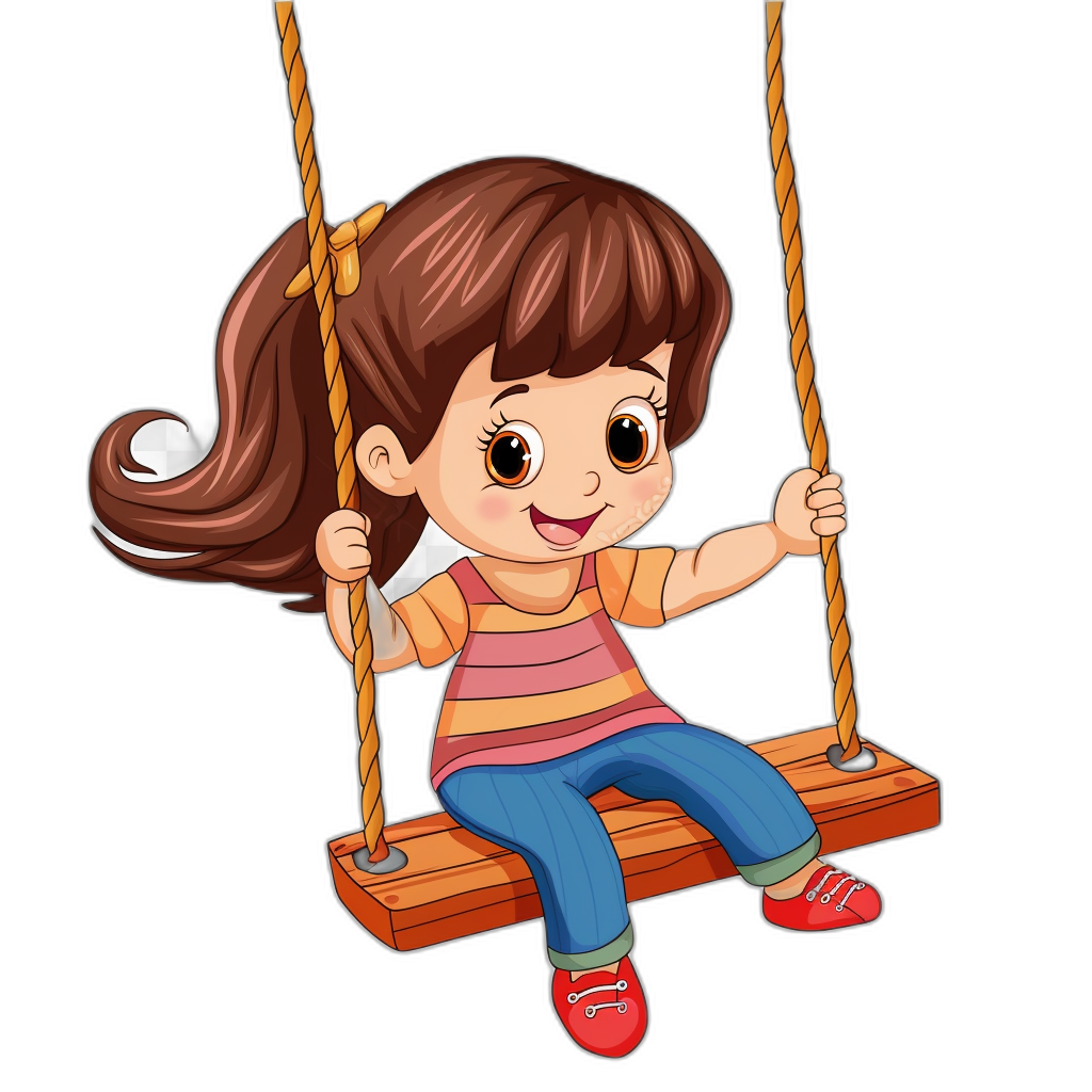 a cute cartoon girl sitting on the swing, smiling and having fun, vector illustration with black background