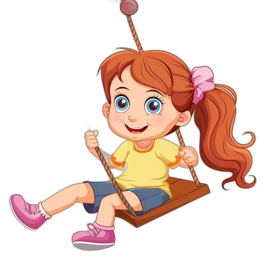 A cute cartoon girl with brown hair in pigtails, wearing pink shoes and a yellow shirt is sitting on the swing against an isolated black background, clipart design for an animation character in the style of isolated black background.