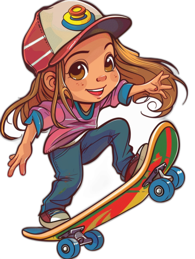 A cartoon girl with brown hair and big eyes is riding on her skateboard, wearing cap, sticker style vector illustration, colorful, sticker art, black background,