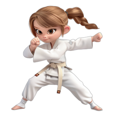 A young girl with brown hair in pigtails doing karate, wearing white  and belt, in the style of a chibi character, 3d render on a black background