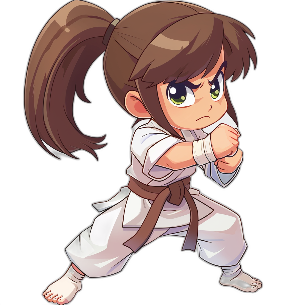 chibi style, chibi girl with brown hair in a ponytail and green eyes wearing a white karate outfit and dark belt ready to fight on a black background. The artwork is in the style of an unnamed artist.