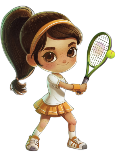 A cute little girl playing tennis in the style of [Artgerm](https://goo.gl/search?artist%20Artgerm), chibi style, digital art, cartoon character design sheet, full body shot, black background, white shoes and headband, brown hair in a ponytail with bangs, wearing a yellow skirt, holding a racket, hitting a ball, smiling face expression, cute big eyes.