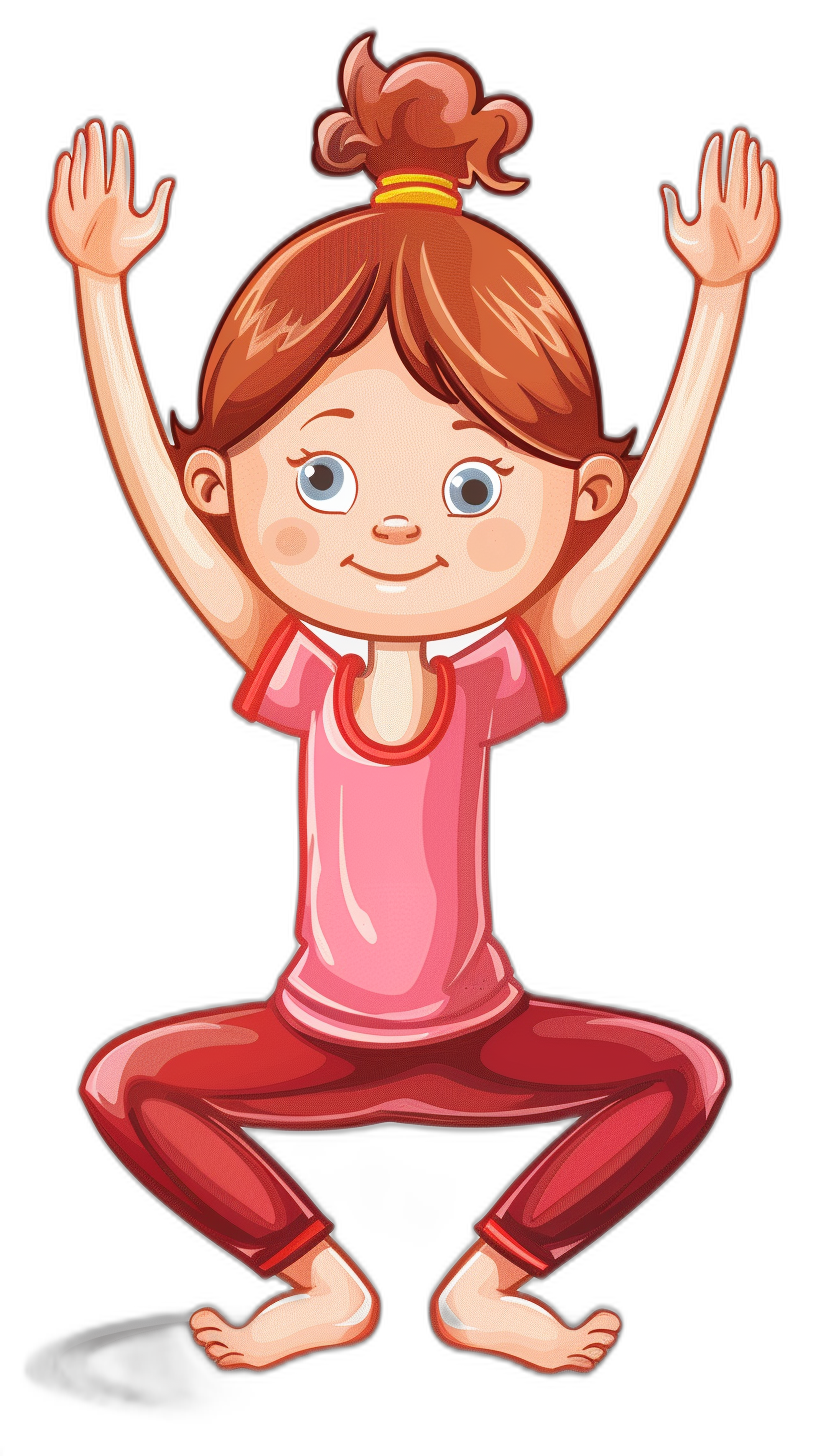 A little girl doing yoga in a simple flat cartoon style. The vector illustration has a black background and solid color , with red pants and a pink shirt. She has cute big eyes and a happy expression, with her hands raised above her head while sitting on the ground in an open posture. The overall shape is symmetrical. She has short brown hair tied into two pigtails at her temples, with one braid behind her back. It is in the style of Adobe Illustrator, with a full body portrait in a chibi character design style, bold outline, solid colors, and a black background.