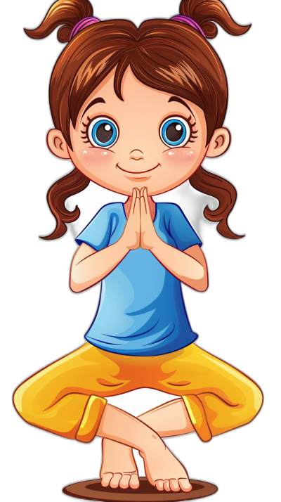 A cute little girl doing yoga, vector illustration with black background. She has brown hair in pigtails and is wearing yellow pants and a blue tshirt. Her hands are placed together on her chest as if she's praying or meditating. The style of the cartoon character should be simple yet expressive to capture its adorable essence in the style of a simple cartoon.