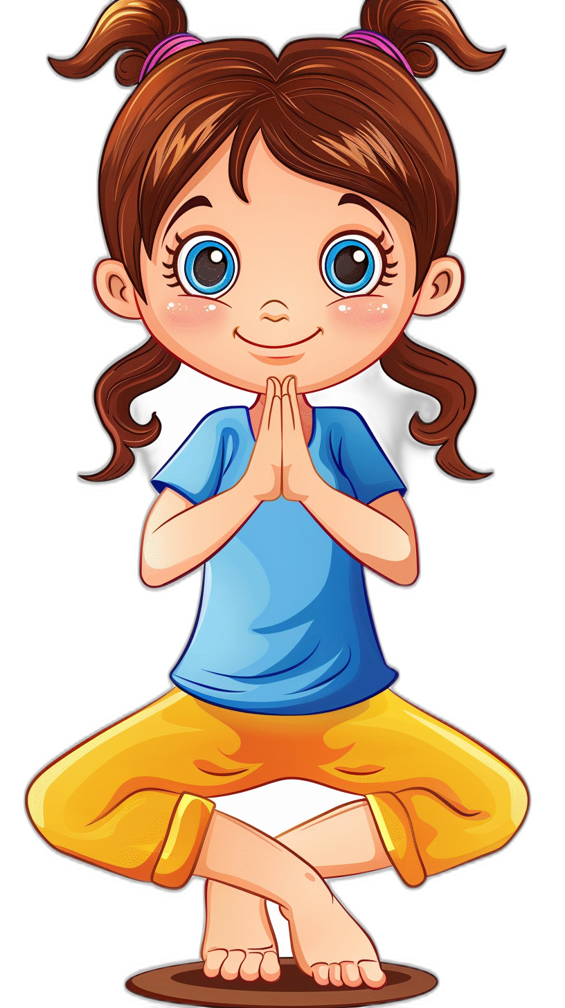 A cute little girl doing yoga, vector illustration with black background. She has brown hair in pigtails and is wearing yellow pants and a blue tshirt. Her hands are placed together on her chest as if she’s praying or meditating. The style of the cartoon character should be simple yet expressive to capture its adorable essence in the style of a simple cartoon.