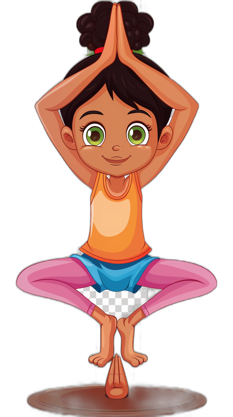 A cute cartoon of an African American girl doing yoga in the style of clip art, isolated on a black background.