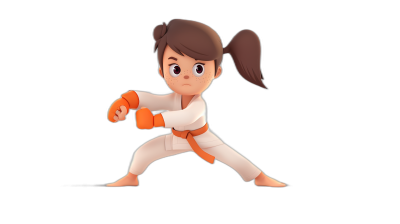 A cute girl in a karate outfit doing a forward kick pose, with simple facial expressions and character design against a black background in the style of Disney Pixar. She is wearing a white top, orange belt and pants. Her hair has a brown color with a two pigtail hairstyle. Her hands are open to place on the ground for support while performing the front shock position during martial arts practice.