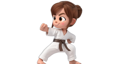 A cute girl with brown hair in a white karate outfit doing a kick against a black background, in the style of cartoon and Pixar animation, with Disney character design elements, rendered in 3D, in a simple style.