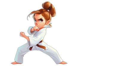 cartoon girl doing karate, full body shot, solid black background, chibi style, in a white jiujitsu gi with a brown belt, brown hair in pigtails in the style of chibi