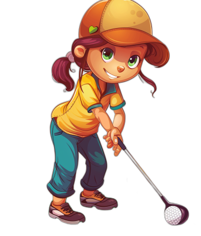 A young girl playing golf in the style of a cartoon vector illustration with a black background, a full body shot, a simple design, bright colors, 2D game art, tshirt print graphic design, vector illustration. She is wearing an orange cap and yellow shirt, blue pants, green eyes, with a smiling expression while hitting the ball on her club, in the style of a cartoon character design. Vector graphics. Isolated on a black background.