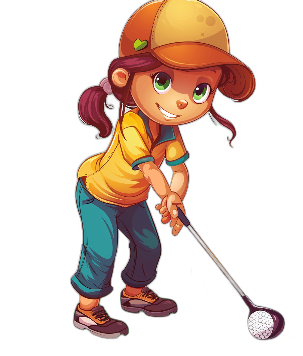 A young girl playing golf in the style of a cartoon vector illustration with a black background, a full body shot, a simple design, bright colors, 2D game art, tshirt print graphic design, vector illustration. She is wearing an orange cap and yellow shirt, blue pants, green eyes, with a smiling expression while hitting the ball on her club, in the style of a cartoon character design. Vector graphics. Isolated on a black background.