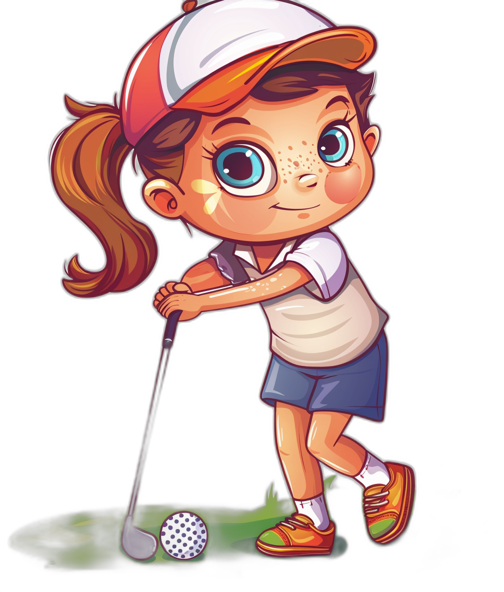 A cute little girl playing golf in the style of clip art style cartoon character design on a black background.