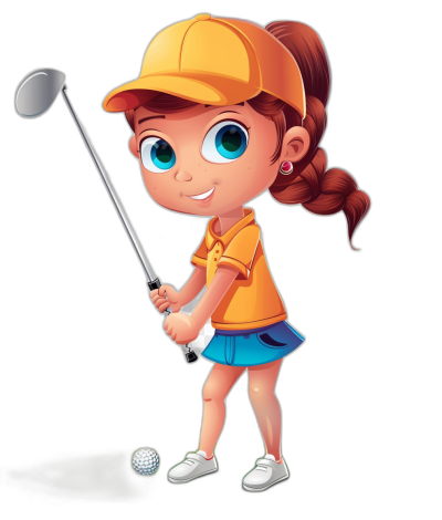 A cute little girl playing golf, wearing an orange t-shirt and blue skirt with white shoes on her feet. She has big eyes and brown hair in pigtails that she wears under a yellow cap. The character is holding the club at eye level while hitting the ball with it. Black background. Vector style, full body shot. In the style of Pixar cartoon. No text or other elements should be visible from this close distance. Isolated on a black background. Cartoon vector graphics.