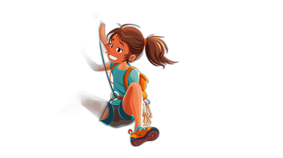 A cartoon girl in sportswear is climbing on the wall, smiling and looking up at her hand with an isolated black background. She has brown hair tied into ponytails wearing shorts and hiking shoes. The scene captures motion blur as she freerappels down from above.