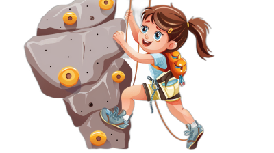 A cute cartoon girl climbing a rock wall with equipment in the style of clip art on a black background.