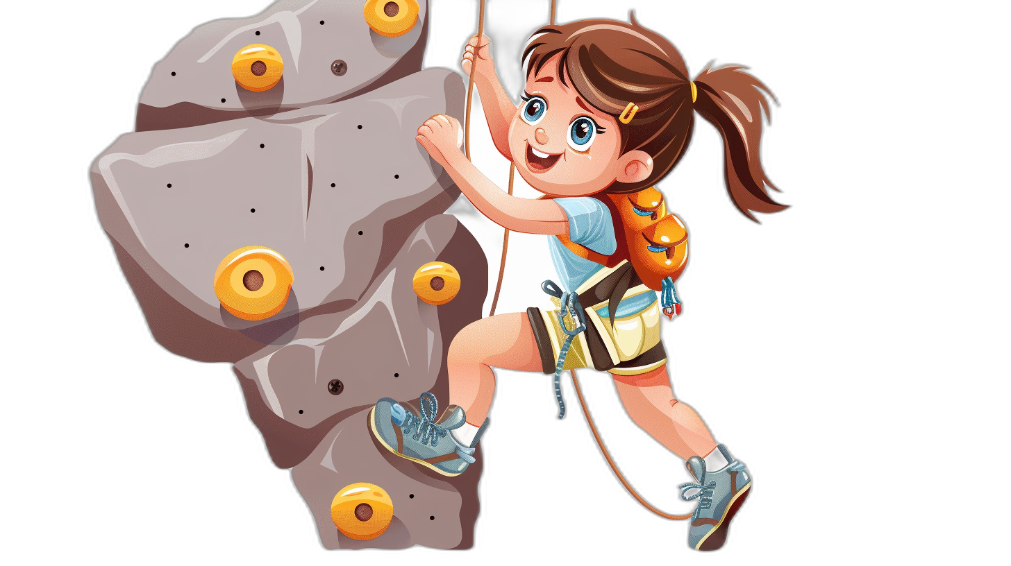 A cute cartoon girl climbing a rock wall with equipment in the style of clip art on a black background.