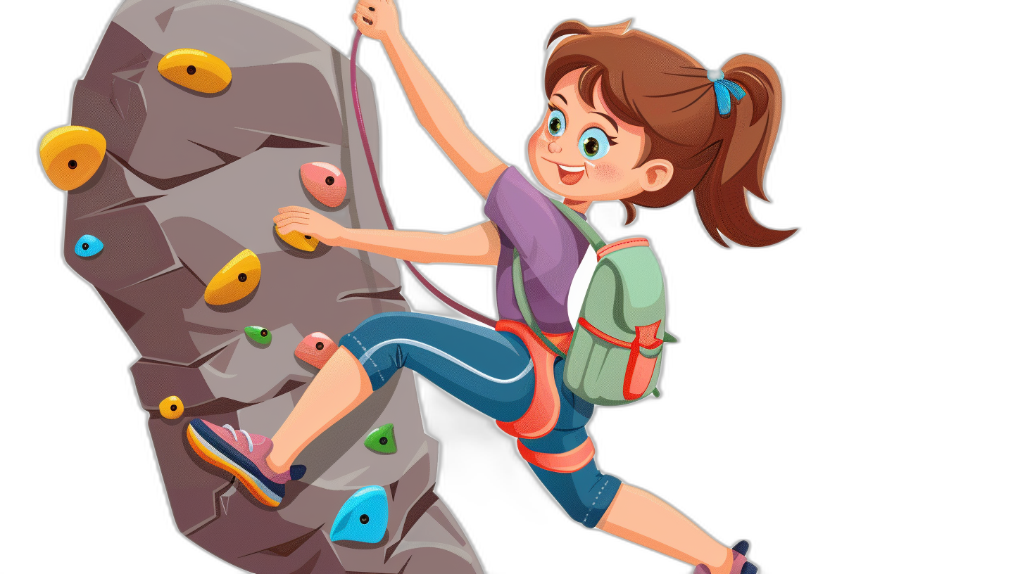 A cartoon girl climbing a rock wall in the style of clip art with a black background.