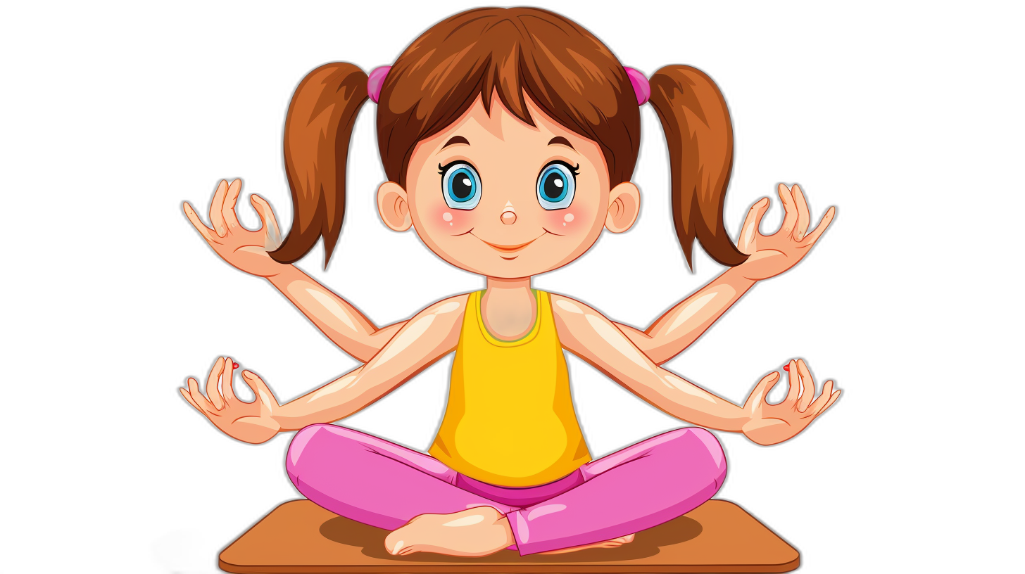 cartoon girl doing yoga, vector illustration on black background, cute cartoon style, flat design, simple shapes, simple lines, no shadow details, solid color, flat colors, full body portrait of the little girl sitting crosslegged with her hands folded in front and smiling at you. She has long brown hair tied into two pigtails behind his head. Her eyes have blue irises. The yellow tank top she wears is pink pants that cover half of one leg.