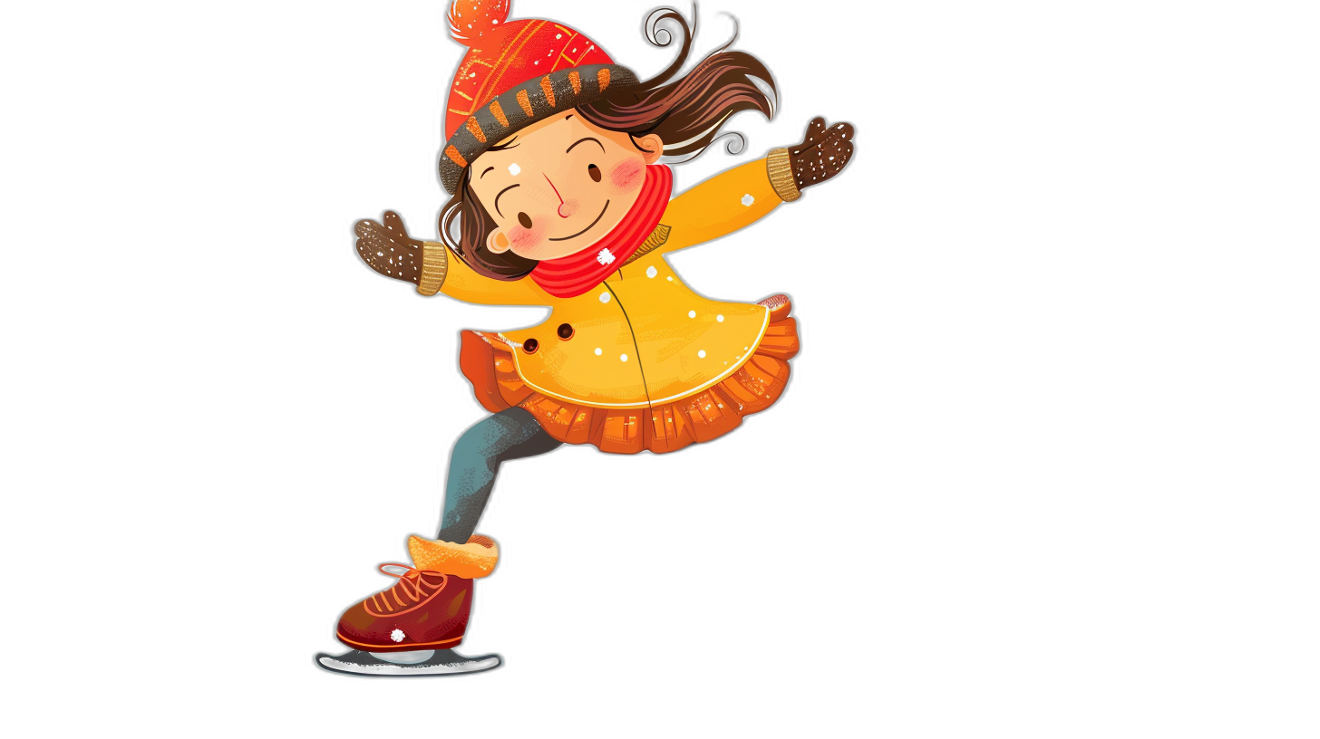 Cartoon girl ice skating, wearing orange and yellow with a red scarf, on a black background, in the style of a cartoon, with simple lines, with a cute expression, in high definition.