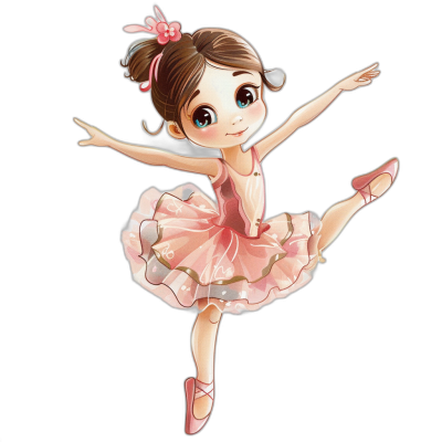 Cartoon ballerina in a pink dress and shoes in a dancing pose with a cute face with big eyes on a black background in the style of a sticker illustration with simple lines and pastel colors that is cute and adorable with high resolution, high detail, high quality, and high definition with sharp focus and high clarity without blur or grainy textures like a professional photography masterpiece that is the best ever best artwork, best cartoon, best drawing, and best art piece of the year.