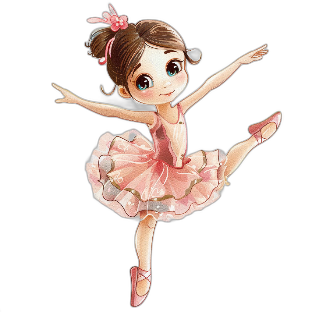 Cartoon ballerina in a pink dress and shoes in a dancing pose with a cute face with big eyes on a black background in the style of a sticker illustration with simple lines and pastel colors that is cute and adorable with high resolution, high detail, high quality, and high definition with sharp focus and high clarity without blur or grainy textures like a professional photography masterpiece that is the best ever best artwork, best cartoon, best drawing, and best art piece of the year.