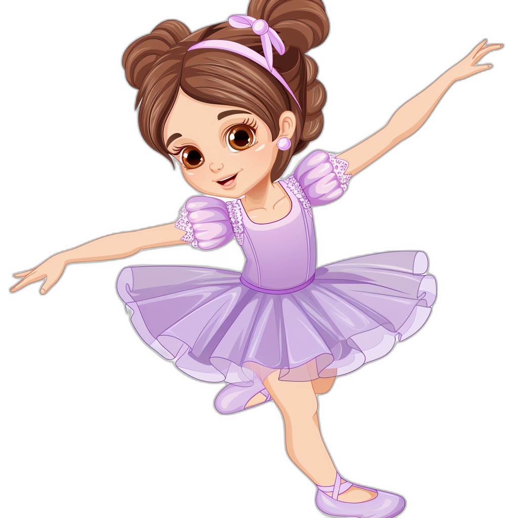 A cute little girl ballerina in purple dress, dancing pose cartoon style clipart black background high detail hyper realistic