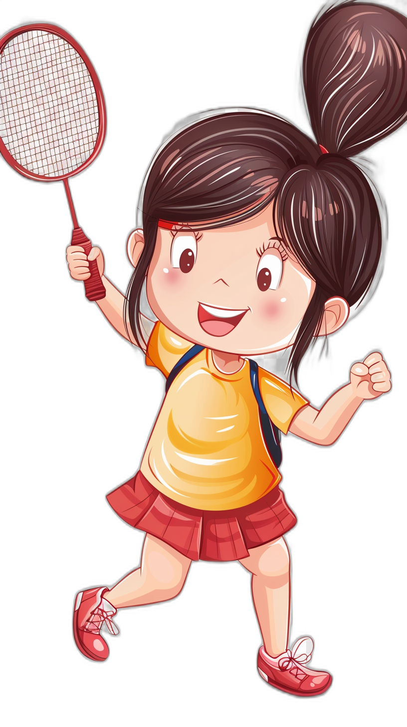 Cute little girl playing badminton, cartoon style, vector illustration, simple lines, black background, high resolution, professional studio lighting, professional color grading, high quality