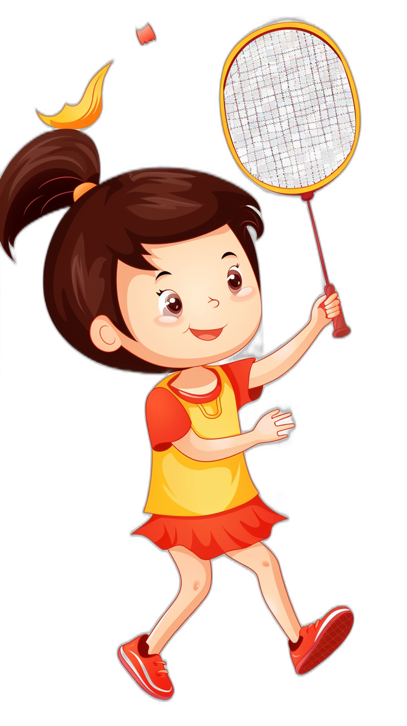 A cute little girl playing badminton in a cartoon style vector illustration with a solid black background. She is wearing red and yellow , holding the racket in her hand ready to hit an apple flying above. Her hair should be short brown and she has big eyes. The composition of the picture includes only one character on the left side of it. This design will create a cheerful atmosphere for children’s book illustrations or print on canvas. It would also make a great tshirt design.