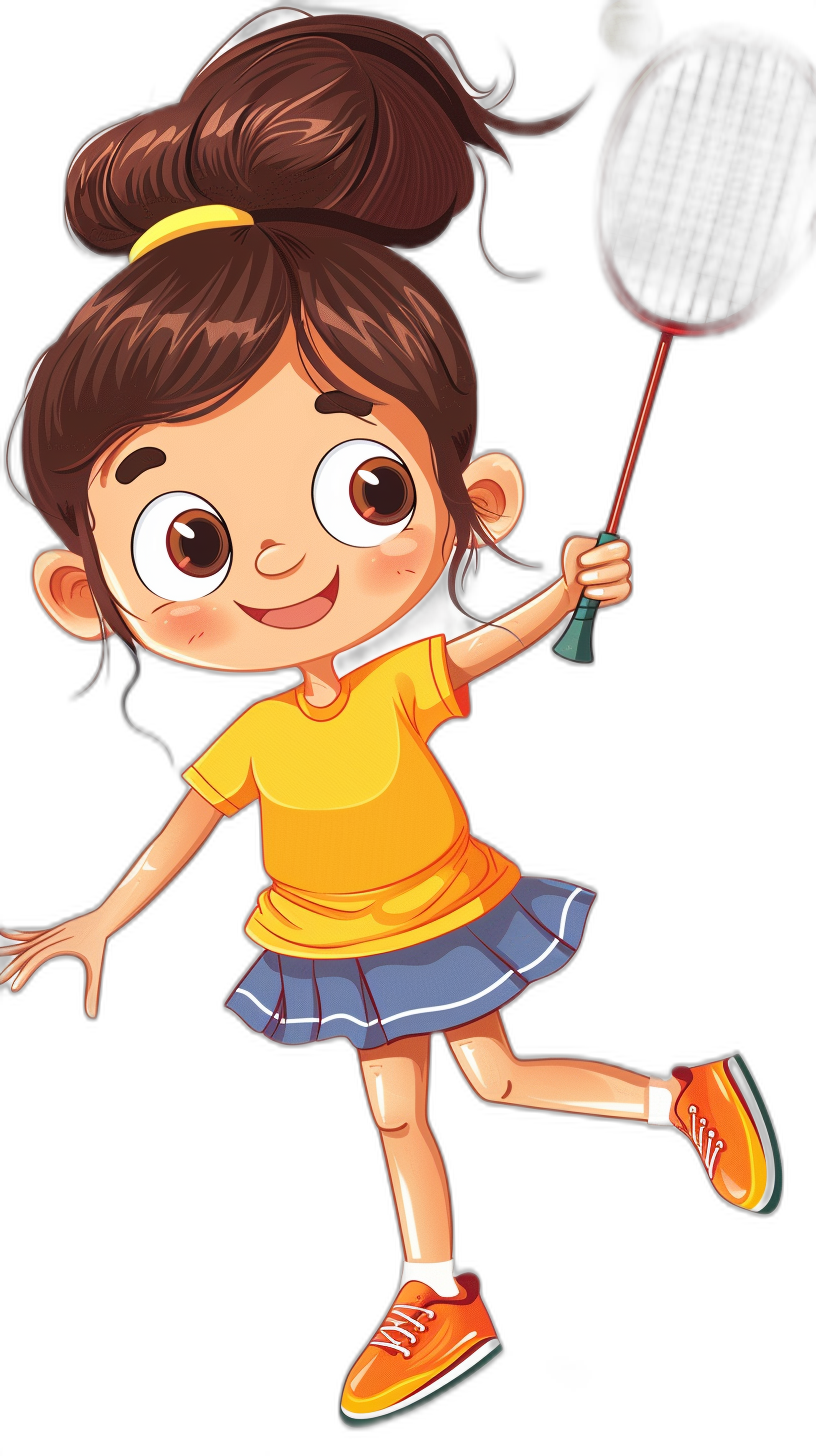 A cute little girl playing badminton, wearing a yellow T-shirt and blue skirt with orange shoes, smiling with a smiling face, big eyes, brown hair in a double ponytail style, holding a racket over a black background, in the style of Disney Pixar cartoon characters, simple lines, simple color blocks, a full body portrait, front view, 3D rendering, a black solid color background, with high definition details.