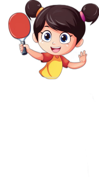 Cartoon character design of a little girl playing table tennis holding a racket in her hand, waving it forward to hit the ball, with a simple solid color background and black background in a cartoon style with a cute expression and red and yellow tones. The children's version of illustrating characters in a cartoon style.