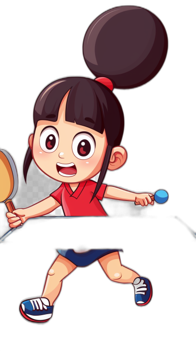 Cartoon style, a cute little girl playing table tennis with a black background, holding the bat and hitting the ball in the style of a cartoon illustration design vector graphic illustration design character design front view cartoon illustration design vector graphics. The little woman has big eyes, double eyelids and long hair. She is wearing a red T-shirt and blue shorts, white socks on her feet, sports shoes in hand, running, smiling face expression, in the style of Pixar with a simple line and simple stroke style. Black background, colorful color scheme.