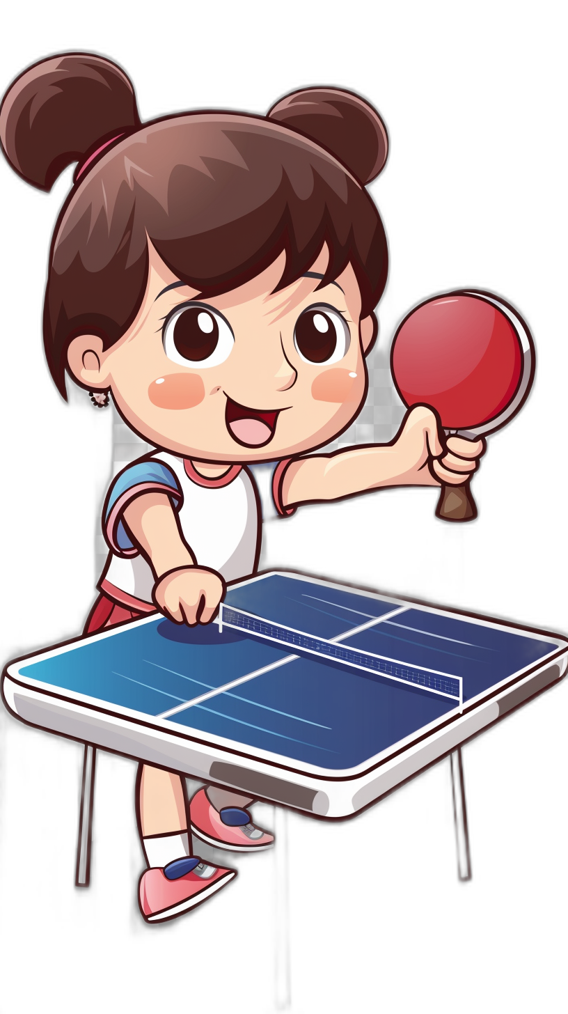 Cartoon style, little girl playing table tennis with a dark background, a cartoon illustration of a happy young child character holding a red wooden ping pong paddle over the blue glossy smooth wood texture vertical lines on the top surface of the table tennis game table, a flat vector graphic design, simple and cute, high resolution vector, contour black outline, solid color.