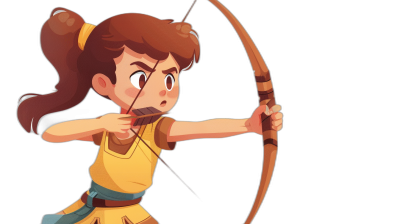 A cartoon illustration of a girl archer in a yellow shirt, with brown hair in a ponytail and bangs, holding a bow drawn back ready to shoot an arrow on a black background, a full body portrait, in the style of Alex Reas, a Behance contest winner, game art, with a simple cute 2D vector cartoony style.