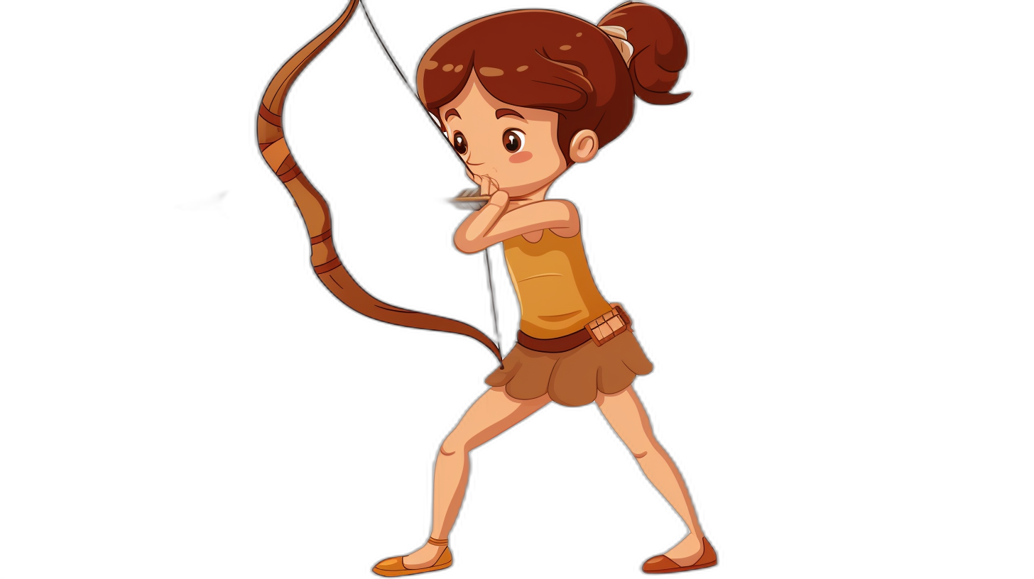 A cartoon girl archer shooting an arrow with simple lines in the style of vector graphics on a solid color black background. She is depicted in a cute style with a full body shot wearing a brown skirt and short brown hair in a ponytail hairstyle with brown eyes carrying a long bow on her back.