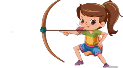 A cartoon girl shooting an arrow in a simple drawing style against a black background. She is cute with colorful , brown hair in pigtails, holding a bow and arrow with her left hand in an archery pose. She is wearing shorts and sneakers with bright colors. The focus is on the character's face and upper body in a cartoon illustration style reminiscent of cartoon character design.