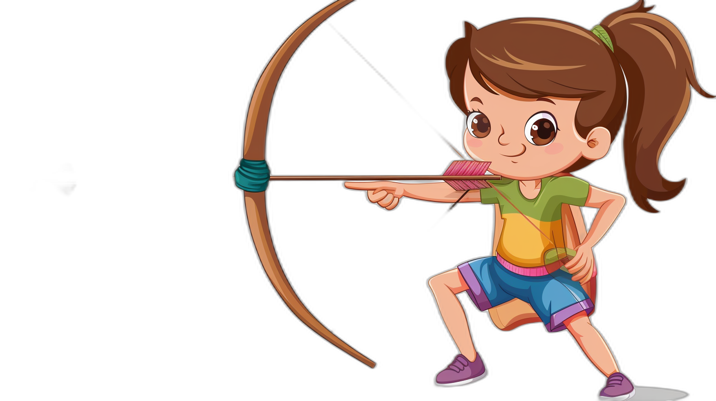 A cartoon girl shooting an arrow in a simple drawing style against a black background. She is cute with colorful , brown hair in pigtails, holding a bow and arrow with her left hand in an archery pose. She is wearing shorts and sneakers with bright colors. The focus is on the character’s face and upper body in a cartoon illustration style reminiscent of cartoon character design.