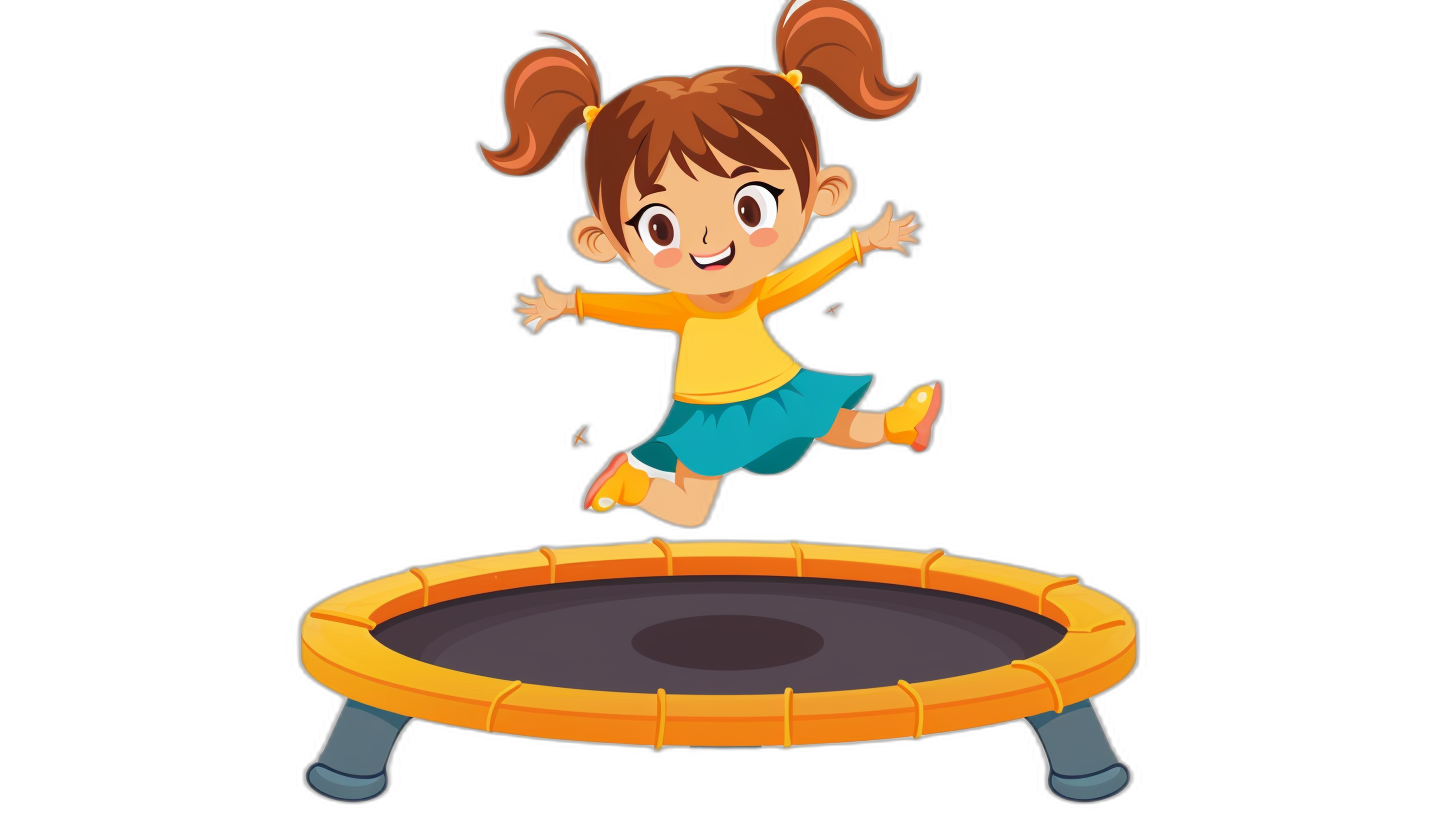 A cartoon girl jumping on a trampoline, with a simple black background, in a flat illustration style, at a high resolution, rich in details, with bright colors, a cute expression and exaggerated movements. The character is wearing a yellow long-sleeved top with blue pants underneath, white shoes, with double ponytails, a smiling face, a happy mood, colorful , and lively movement. in the style of a flat illustration.