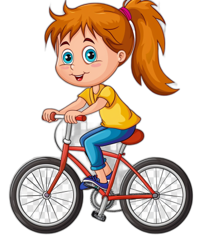 A cute cartoon girl riding her bike in the style of clip art, in the style of isolated on a black background.