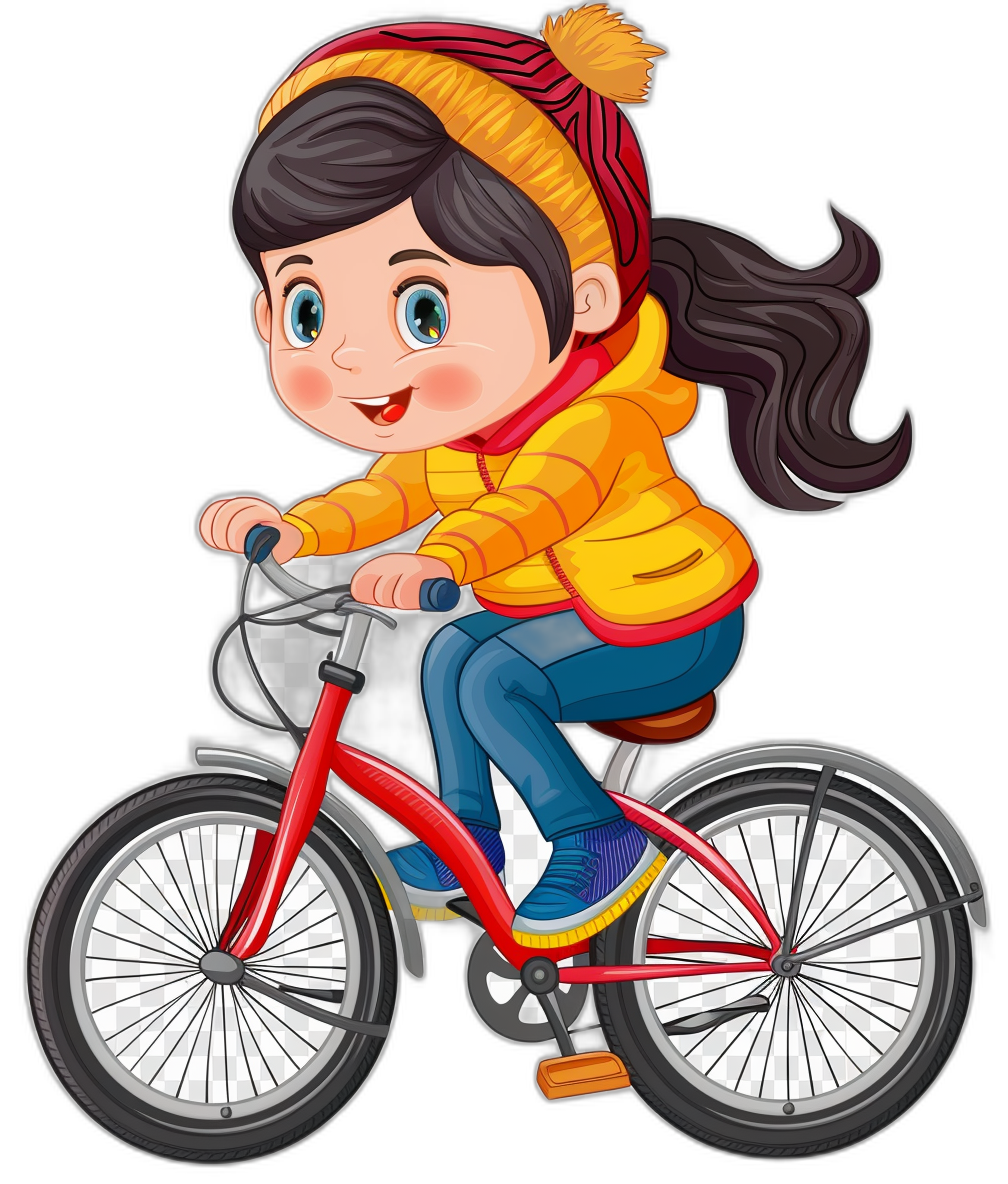 A cute little girl is riding her bike in the style of clip art. The vector illustration is a cartoon sticker design with colorful, simple lines and flat color on a black background with no shadow or shading. The simple design has simple details showing the full body of the girl wearing a yellow jacket with a red scarf on her head and blue jeans. She has a smiling face expressing a happy mood. The image is high resolution, high quality, and high detail for the best quality.