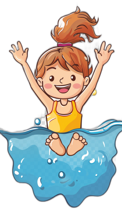 A cute little girl is jumping into the water, cartoon style, simple lines, vector illustration design with black background. The baby's hair was curled up in two pigtails and she wore yellow swim shorts. Her hands were raised above her head as if about to jump out of an ice hole on top of blue ripples. She has big eyes, small nose and smiling mouth, which gives people a warm feeling.,,in