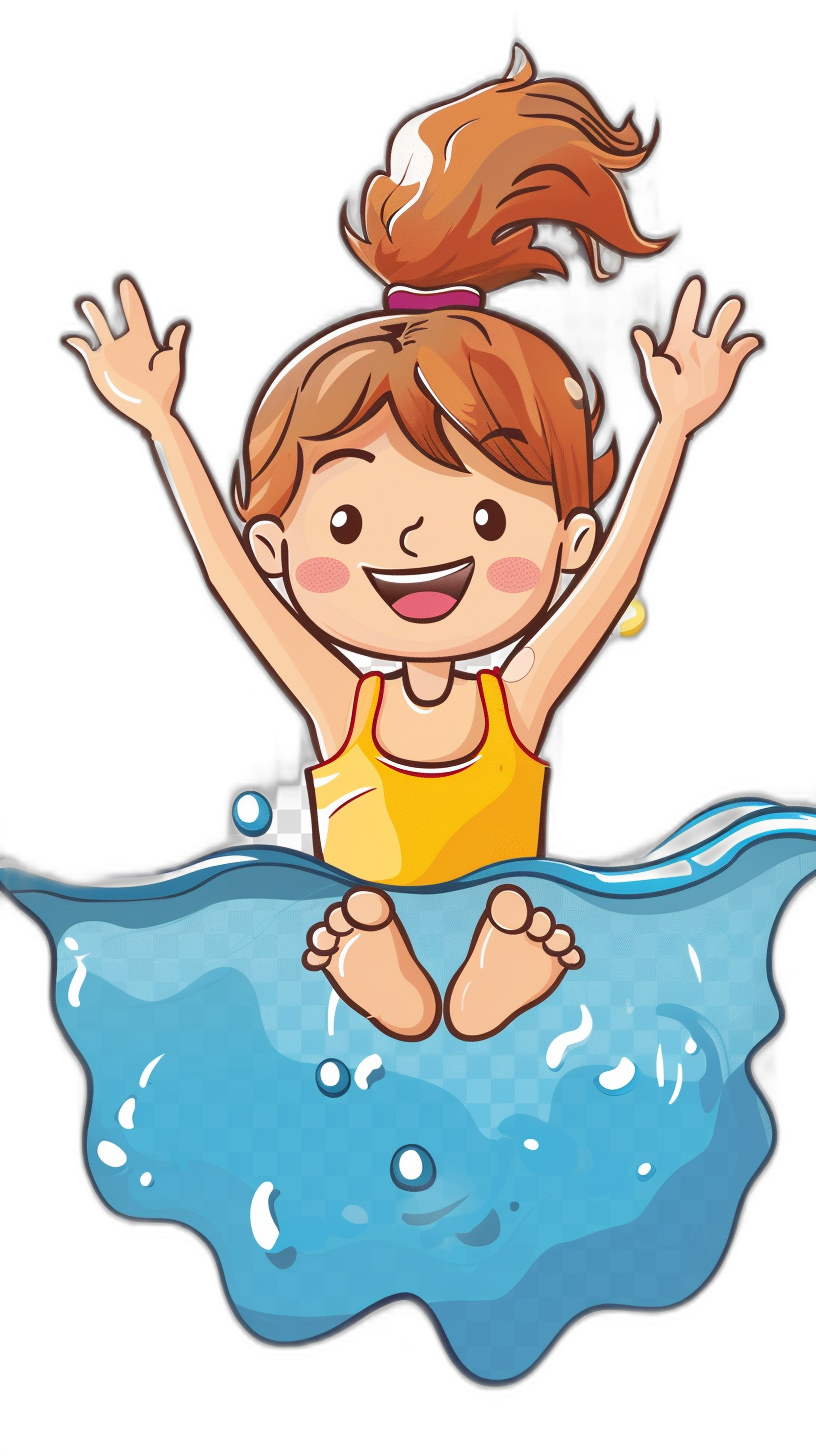 A cute little girl is jumping into the water, cartoon style, simple lines, vector illustration design with black background. The baby’s hair was curled up in two pigtails and she wore yellow swim shorts. Her hands were raised above her head as if about to jump out of an ice hole on top of blue ripples. She has big eyes, small nose and smiling mouth, which gives people a warm feeling.,,in