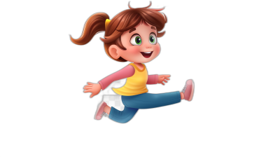 A cute little girl is jumping in the style of cartoon characters with simple and smooth lines on a simple black background. She is wearing colorful  in the Disney Pixar animation character style. It is a Disneystyle illustration showing a full body portrait in a cartoon cute and cartoon style. The 3D rendering is high resolution, high quality, and high detail with high contrast studio lighting and bright colors. The image uses white tones on a simple background and is full of vitality with lively movements. It has a vibrant color palette like a 2D game art in the style of Disney Pixar.