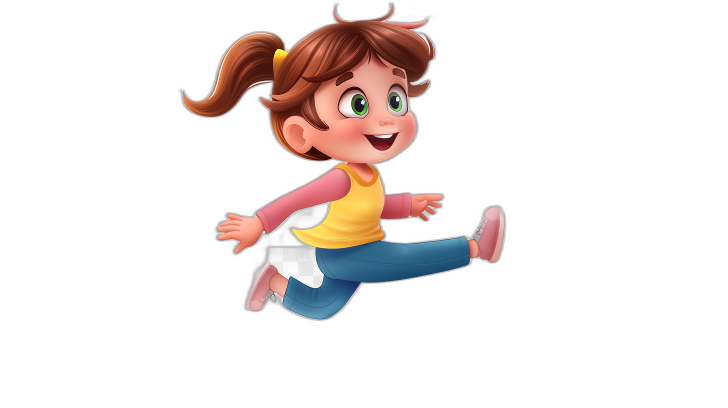 A cute little girl is jumping in the style of cartoon characters with simple and smooth lines on a simple black background. She is wearing colorful  in the Disney Pixar animation character style. It is a Disneystyle illustration showing a full body portrait in a cartoon cute and cartoon style. The 3D rendering is high resolution, high quality, and high detail with high contrast studio lighting and bright colors. The image uses white tones on a simple background and is full of vitality with lively movements. It has a vibrant color palette like a 2D game art in the style of Disney Pixar.