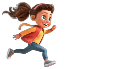 A girl is running and smiling happily, wearing jeans and sneakers with her hair tied in a ponytail style. In the style of Pixar Disney, she is a 3D cartoon character on a black background.