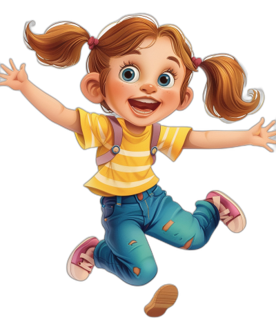 Cute girl cartoon character, jumping with joy, wearing a yellow and white striped shirt, blue jeans, pink shoes, brown pigtails hairstyle, black background, in the style of Pixar Disney.