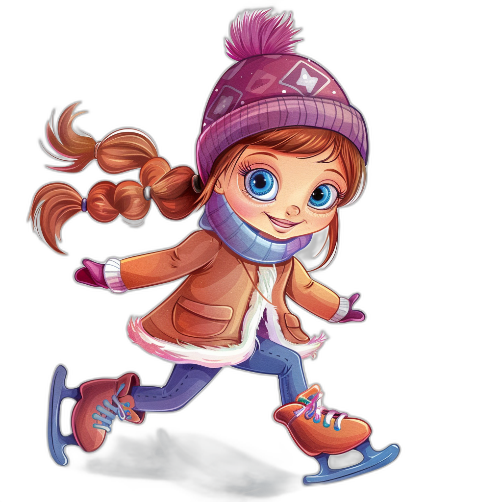 A cute little girl ice skating in the style of clip art style cartoon with color and shading on a black background.