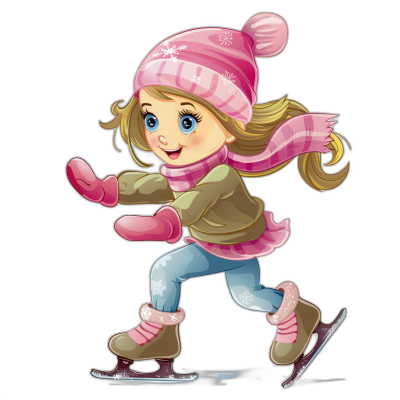 Cute girl skating in a clip art style cartoon vector illustration with a black background, wearing a pink hat and scarf, blue eyes, light brown hair, winter , gloves, and boots on ice skates in a full body shot. The design is simple with simple colors and simple lines using vector graphics without shadows. It has a cute character design with simple details and is high resolution, high quality, and high detail for the best quality.