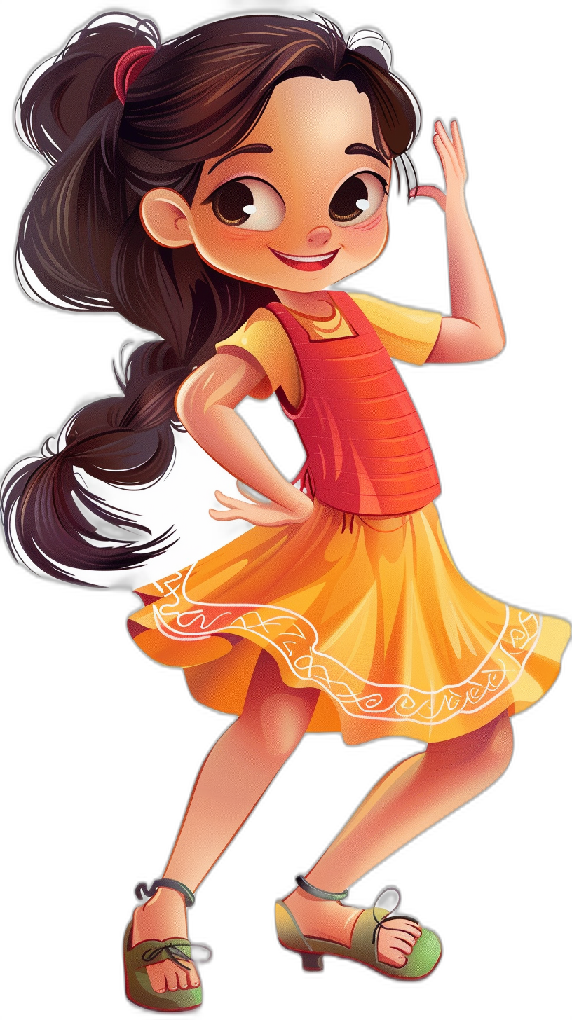 A full-body Pixar-style cartoon of an Indian girl wearing an orange and yellow dress in a dancing pose, with a smiling face, on a black background. Her hair is in a ponytail with two small pigtails, she has big eyes, a happy expression, cute shoes, a big head, and long legs with a brown skin tone. She has a white chest tattoo, in the style of Pixar.