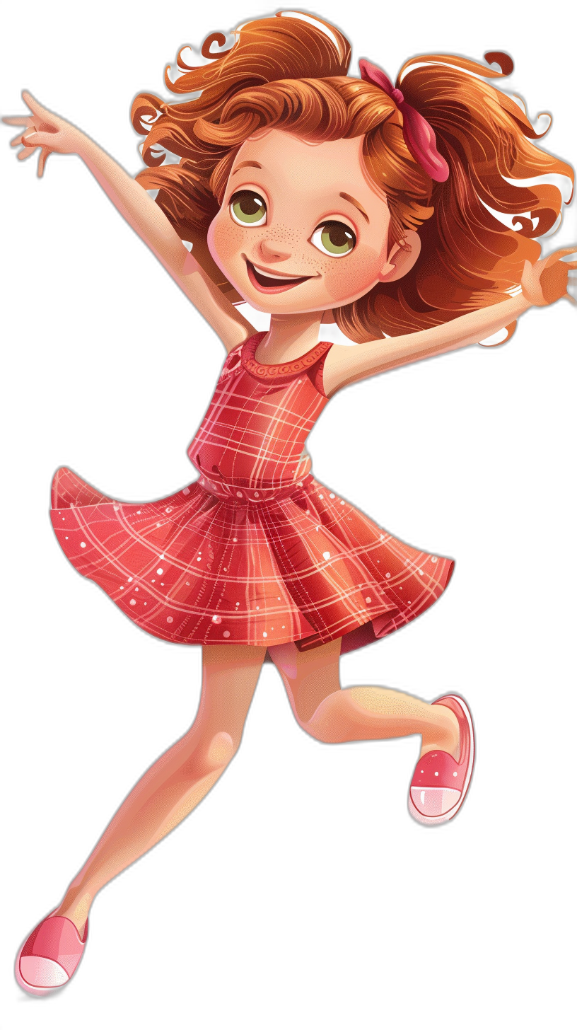 A cute girl with red hair in pink shoes and a plaid dress jumping, with a smiling face, in the style of cartoon style, in the style of Disney Pixar animation, on a black background, as a full body shot, of high quality.